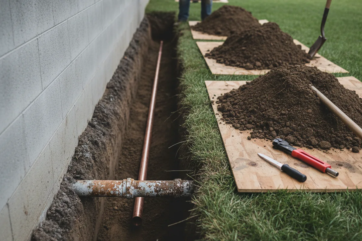 Excavated water line trench during Water Heater Repair in Russell